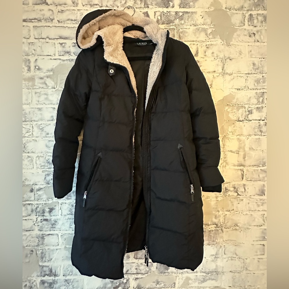 Ralph Lauren Long Black Puffer Coat Faux Fur Hood - Picture 5 of 10
